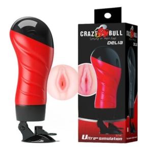 Crazy Bull Delia âm đạo giả gắn tường cho nam, cốc thủ dâm có đế hít chân không, phần lõi TPR mềm và vỏ ABS theo thông tin tham khảo, 12 chế độ rung, thiết kế đỏ đen, phù hợp nhu cầu sử dụng riêng tư tại nhà