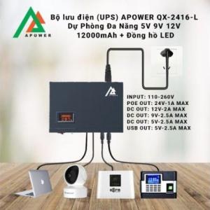 APOWER UPS QX-2416-L, Bộ Lưu Điện 5V 9V 12V, Dung Lượng 12000mAh, Màn Hình LED Hiển Thị Điện Áp, Bảo Vệ Camera Giám Sát, Router, Wifi, DVR, Tiết Kiệm Điện Năng